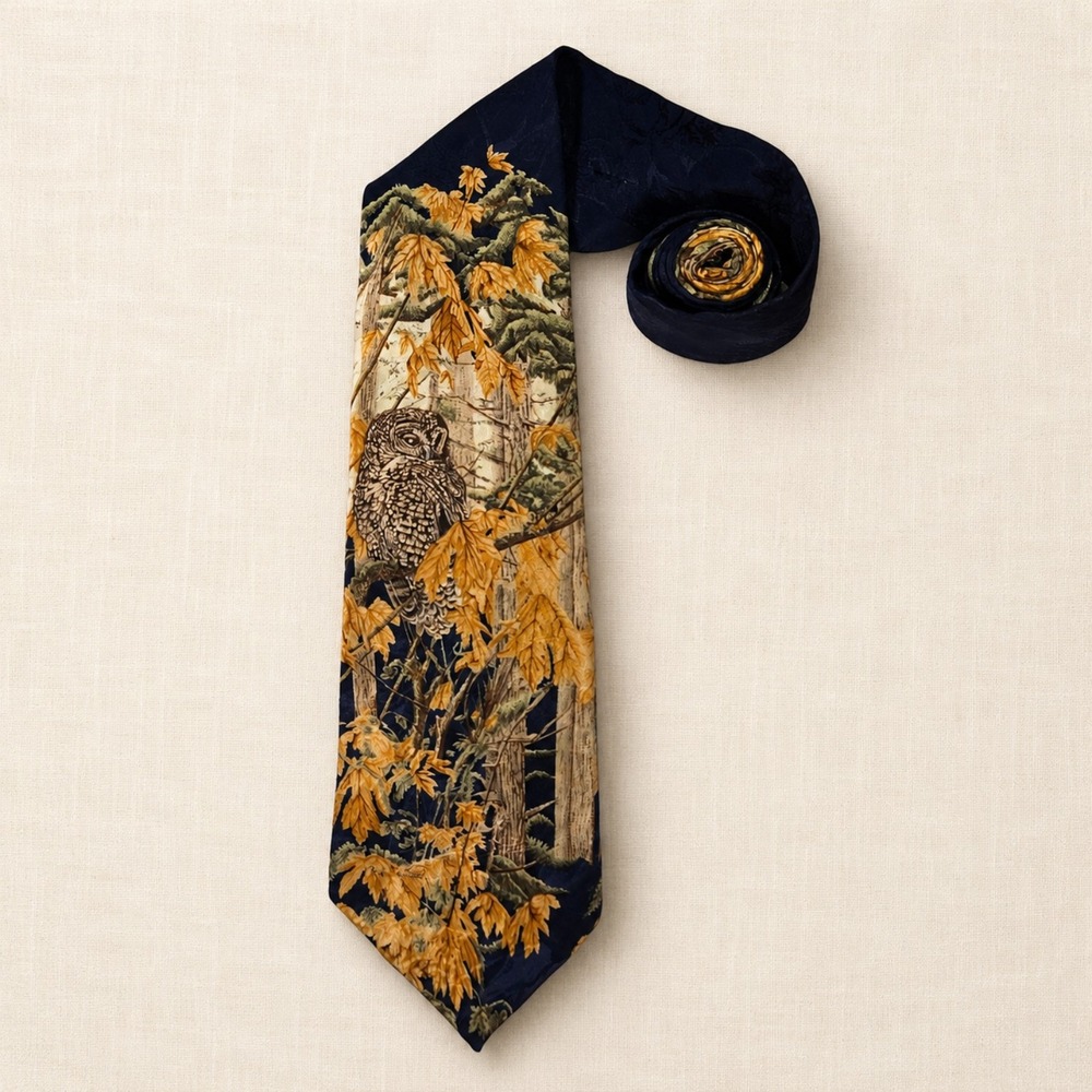 Endangered Species Silk Necktie Owl Forest Autumn Leaves Vintage Navy Orange